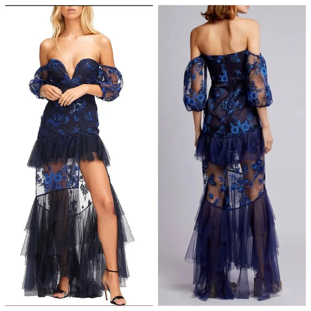 ALICE MCCALL Mystery Dress Gown Off Shoulder Ruffle Navy Ocean Blue US 4 - Picture 2 of 10